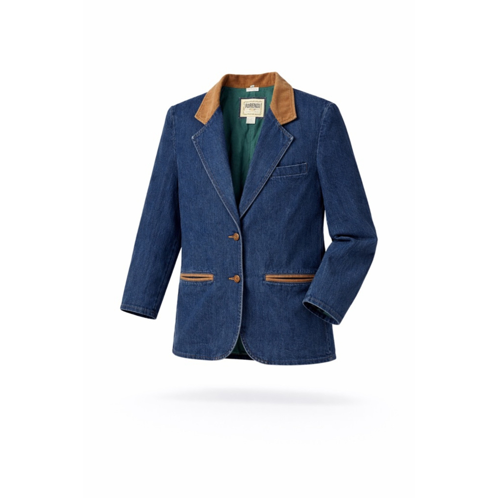 Vtg 80s Forenza Women’s Denim Blazer Tan Suede Collar Accents Jacket Sz M Lined - Picture 1 of 11